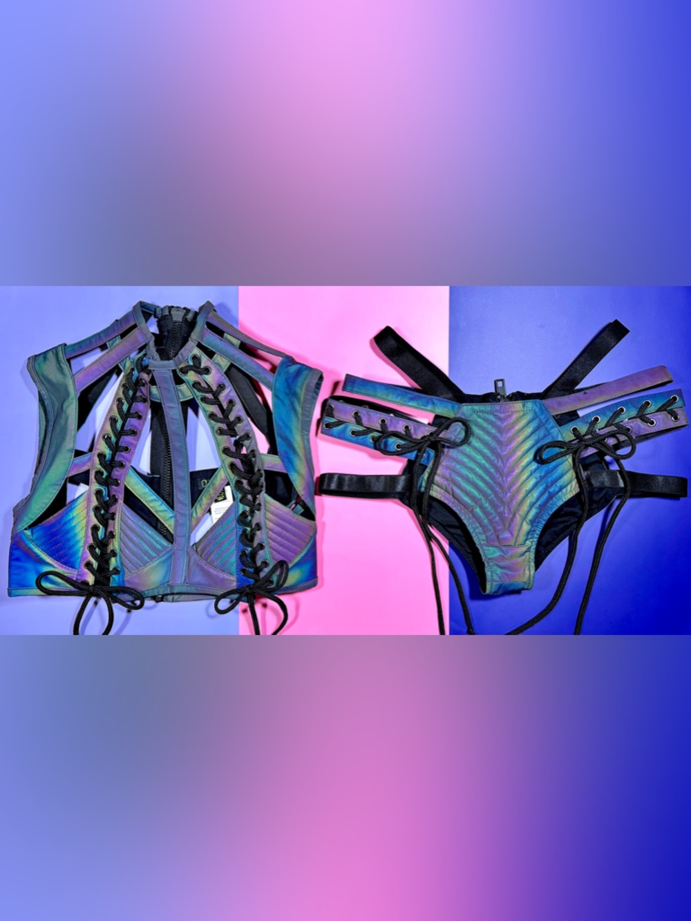 Dolls Kill Club Exx Rude Awakening Harness Bra Top & Bottom - Rainbow Reflective
